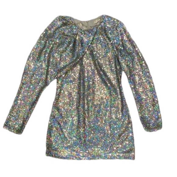 CAROLINE CONSTAS Silver Swiftie Sequin Statement Sleeves Luxury Holiday Dress L - Picture 7 of 17